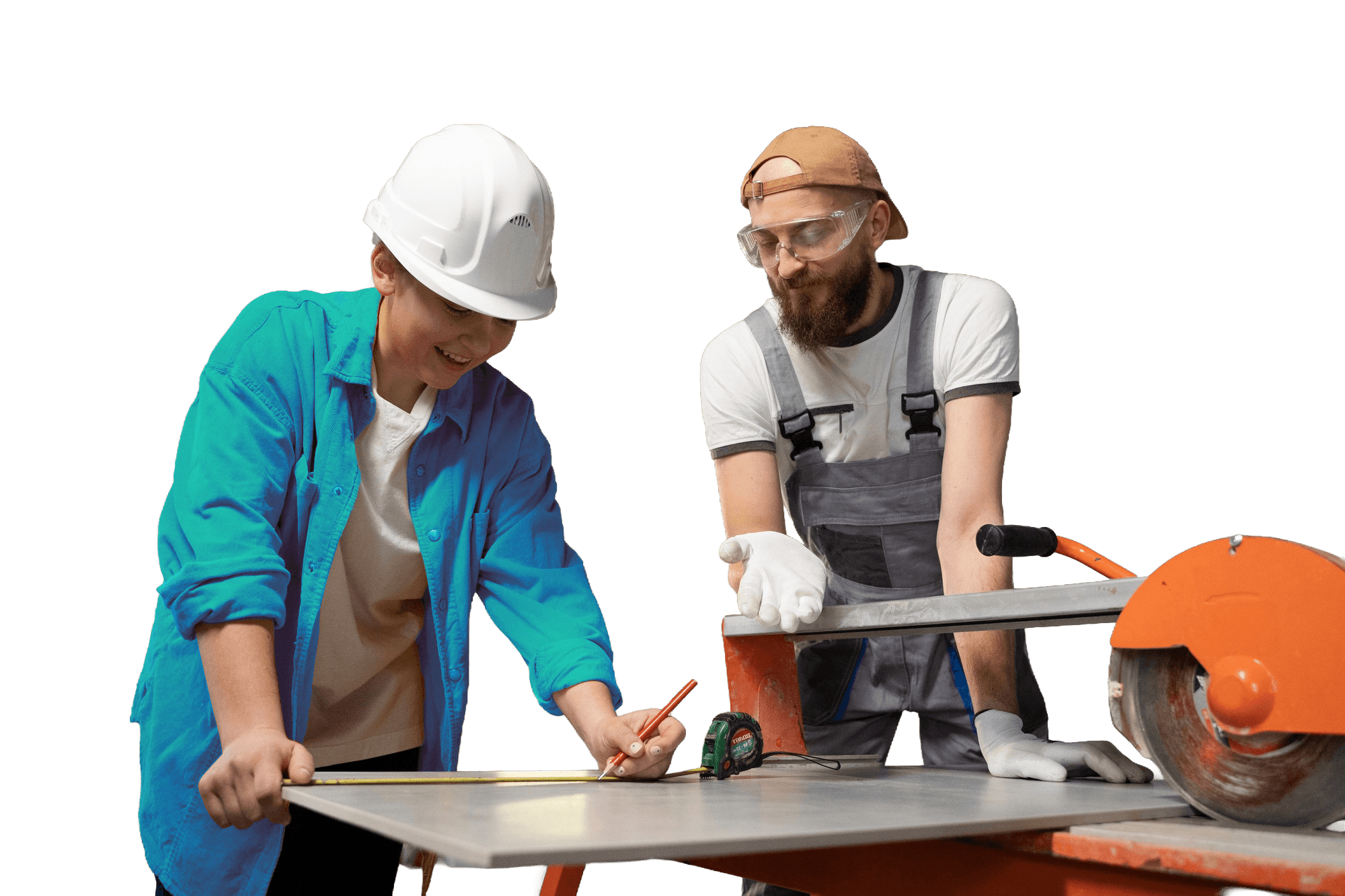 Tradie guiding a DIYer at a tile saw