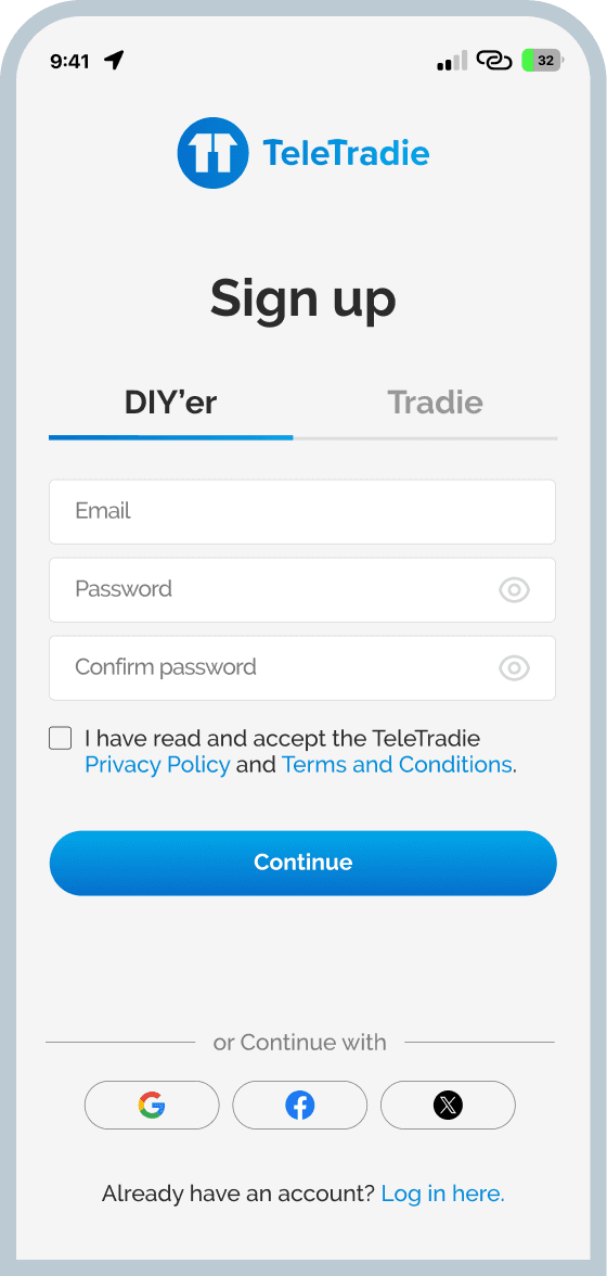 TeleTradie sign up screen